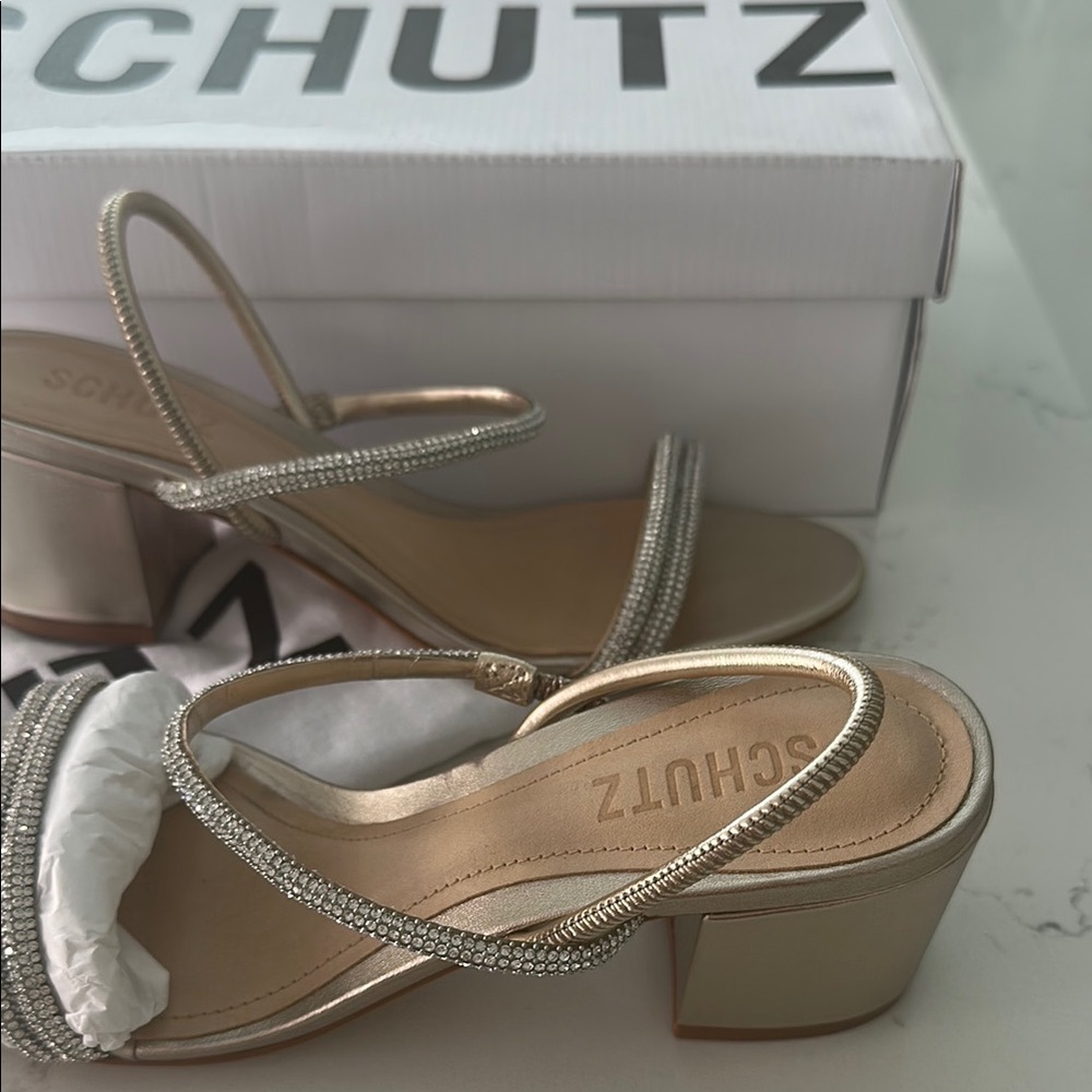 NEW Schutz Gold Crystal WHITELEY metallic BLOCK HEELS SHOES Sandals 6.5 - Picture 5 of 7